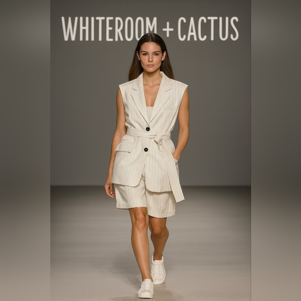 Whiteroom + Cactus Striped Belted Short Set Blazer Vest,Bermudas)  Size L NWT